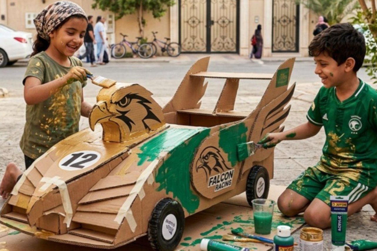 Two children painting the cardboard racing car they built