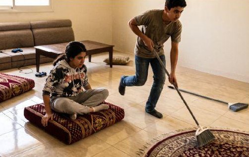 Two children clearing the living room floor to make space to play