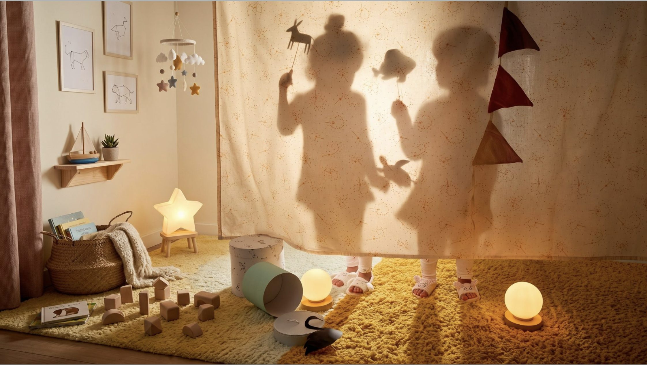 Two children playing with shadow puppets behind a curtain