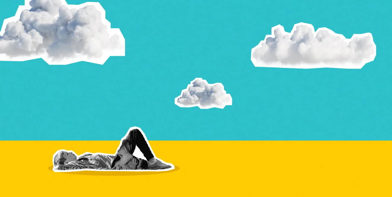 Illustration of a person lying down under a bright sky full of clouds
